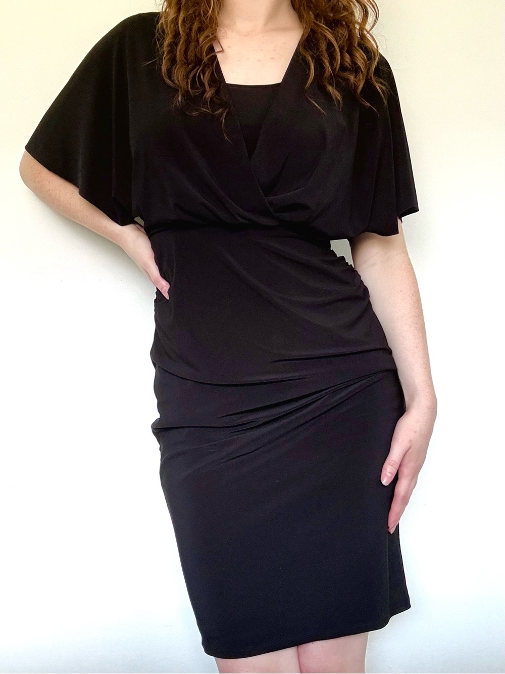Evan Picone Black Draped Midi Dress with Ruched Skirt